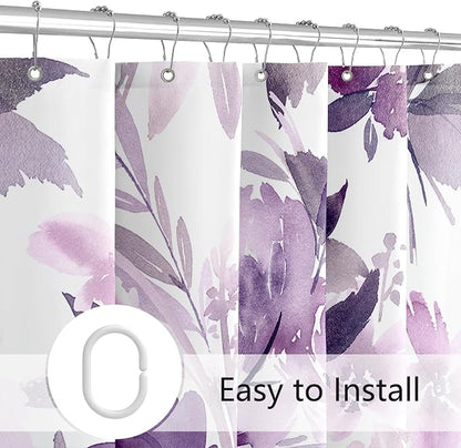 MAYZUS Floor to Ceiling Extra Long Flower Shower Curtain 72x96 Inch, Purple | X-Long Tall 8 Ft Watercolor Lavender Floral Modern Abstract Bathroom Fabric Shower Curtain Set with Hooks