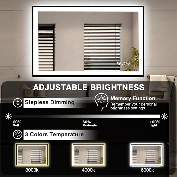 EchosLife 48x32 LED Bathroom Mirrors for Wall - Black Aluminum Framed | Black Frame, Front and Backlit, Anti-Fog, Stepless Dimmable, 3 Colors, Memory, Tempered Glass, UL Listed, Horizontal/Vertical