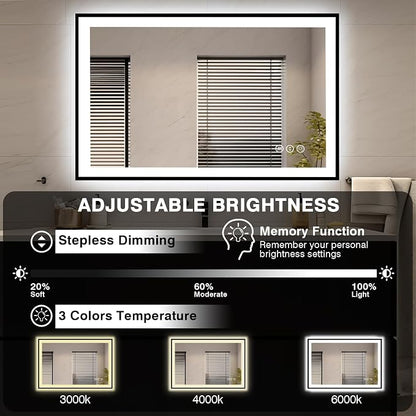 EchosLife 48x32 LED Bathroom Mirrors for Wall - Black Aluminum Framed | Black Frame, Front and Backlit, Anti-Fog, Stepless Dimmable, 3 Colors, Memory, Tempered Glass, UL Listed, Horizontal/Vertical