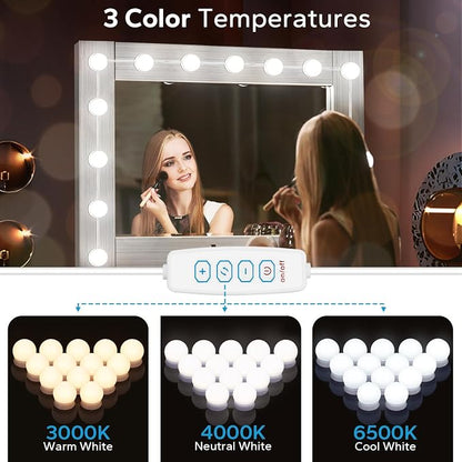 LED Vanity Lights For Mirror, Vanity Light Stick on with 10 Dimmable Bulbs | 3000K 4000K 6500K & 10 Level Brightness Adjustable, USB Cable, Hollywood Mirror Lights for Makeup Dressing Room Bathroom