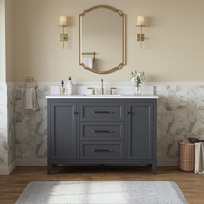 48 Inch Bathroom Vanity with Sink, Solid Wood Vanity with Engineered Stone Top, Fully-Assembled Vanity with Soft Closing Doors & Dovetail Drawers, Single Sink Bathroom Cabinet, Charcoal Gray