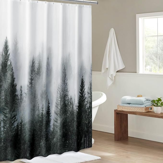 ORTIGIA 78 Inch Dark Green Misty Forest Shower Curtain for Bathroom, Nature Woodland Shower Curtain Set with Hooks, Decorative Pine Tree Fog Magic Bath Curtain, Waterproof Fabric, Weighted, 72x78