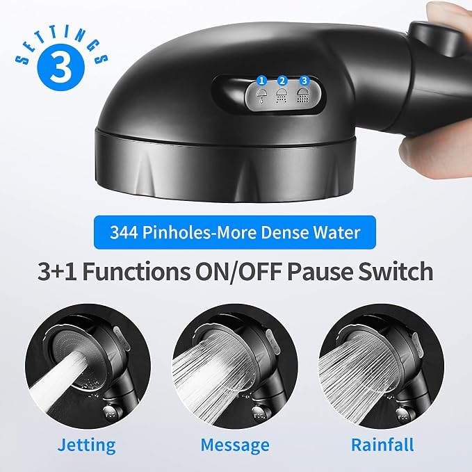 JONKEAN High Pressure Shower Head with Hose for RV Black | Water Saving Handheld with 3 Spray Modes, On Off Switch Shower, Detachable, With Angle-Adjustable Bracket