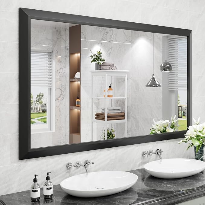Black Bathroom Mirror, 60X36 Inch | Thick Metal Framed, HD Reflection, Anti-Rust, Hang Horizontally/Vertically, Suitable for Vanity, Bedroom, Bathroom, Entryway