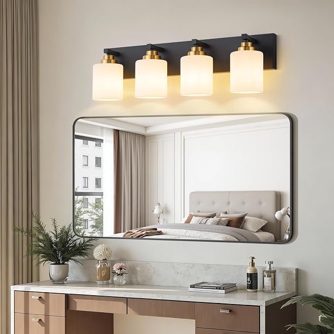 Vanity Lights for Bathroom, 4-Light Black and Gold Bathroom Vanity Light Over Mirror with Milky White Glass Shades, Modern Bathroom Light Fixtures for Living Room Hallway Cabinet (Bulbs Not Included)
