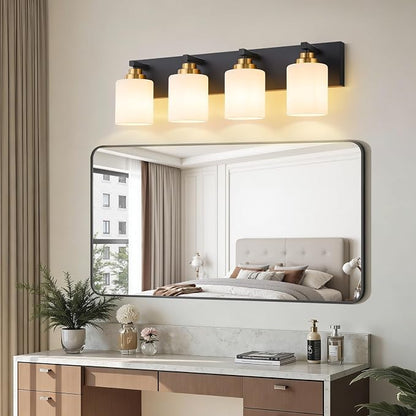 Vanity Lights for Bathroom, 4-Light Black and Gold Bathroom Vanity Light Over Mirror with Milky White Glass Shades, Modern Bathroom Light Fixtures for Living Room Hallway Cabinet (Bulbs Not Included)