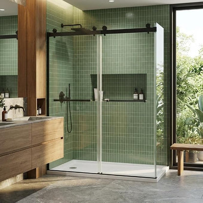 Frameless Double Sliding Shower Door, 44-48 Inches Wide x 74 Inches High, 6mm Tempered Glass with Stainless Steel Track, Bathroom Renovation Upgrade, Easy Install, Matte Black