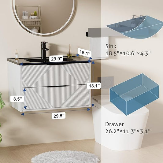 LUCKWIND 30" Floating Bathroom Vanity with Black Sink Combo, Wall Mounted Floating Cabinet with 2 Large Soft-Close Drawers & Water Saving Faucet, Geometric Textured Design in White