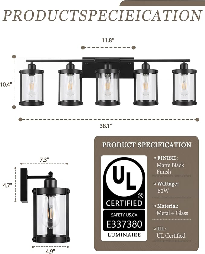 5-Light Matte Black Bathroom Light Fixtures Over Mirror with Clear Glass and Metal Cage Shade, 38" UL-Listed Modern Farmhouse Wall Sconce for Bath, Hardwire E26, OS-3014BK-5W