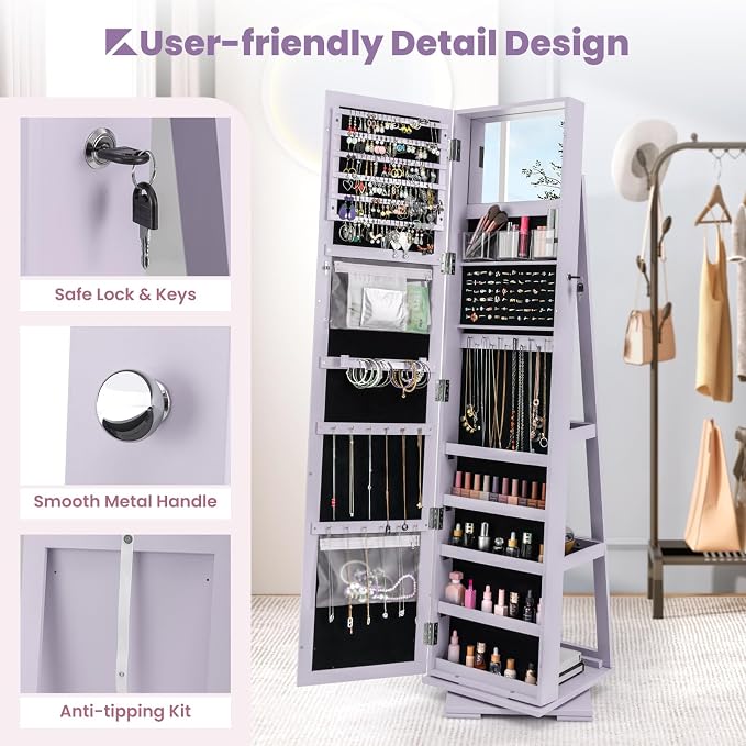 COSTWAY 360 Rotating Jewelry Armoire Cabinet, Standing Jewelry Organizer w/Full-Length Mirror & Large Storage Space, Lockable Mirror Jewelry Cabinet for Girls Women (Lavender)