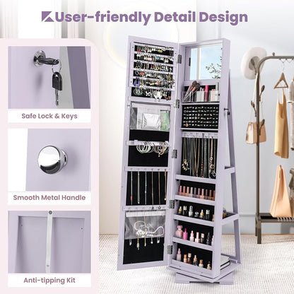COSTWAY 360 Rotating Jewelry Armoire Cabinet, Standing Jewelry Organizer w/Full-Length Mirror & Large Storage Space, Lockable Mirror Jewelry Cabinet for Girls Women (Lavender)