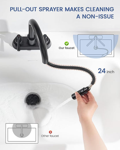 Bathroom Sink Faucet with Pull Out Sprayer 2 Handles, Matte Black Pull Down Bathroom Faucet 3 Holes, 4 Inch Black Faucet Bathroom, 360 Degree Swivel Spout, Pop Up Drain Assembly Included