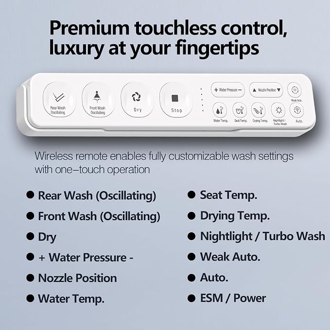 WLJBIDET Electric Heated Bidet Toilet Seat with Remote Control, Adjustable Warm Water & Pressure, Air Drying, Self-Cleaning Nozzle, Oscillating Cleaning, Display Screen, Slow Closed Lid - Elongated