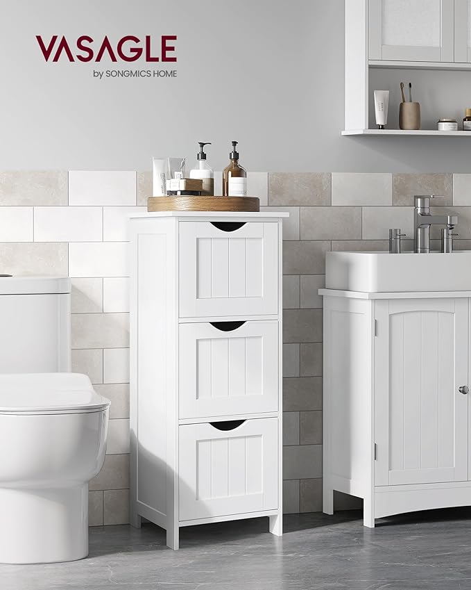 VASAGLE Floor Storage Cabinet, Freestanding Storage Unit with 3 Drawers, 11.8 x 12.6 x 31.9 Inches, for Bathroom, Living Room, Kitchen, Modern Style, Matte White UBBC050WH01S