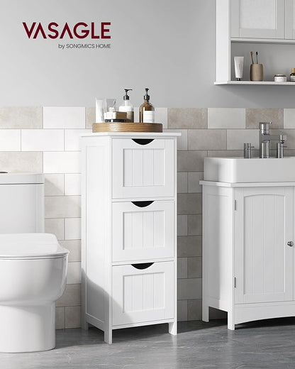 VASAGLE Floor Storage Cabinet, Freestanding Storage Unit with 3 Drawers, 11.8 x 12.6 x 31.9 Inches, for Bathroom, Living Room, Kitchen, Modern Style, Matte White UBBC050WH01S