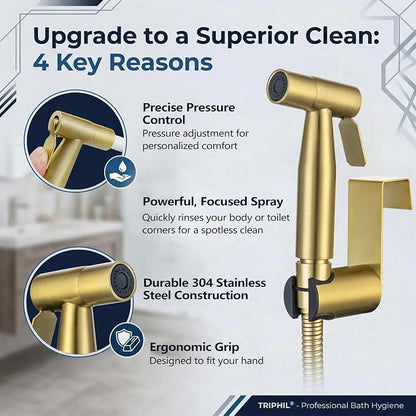 TRIPHIL Handheld Bidet Sprayer for Toilet, Adjustable Water Pressure Jet Bidet Attachment with Leak-Proof 304 Stainless Steel T-Valve for Bathroom Cleaning, Cloth Diaper/Feminine Wash, Brushed Gold