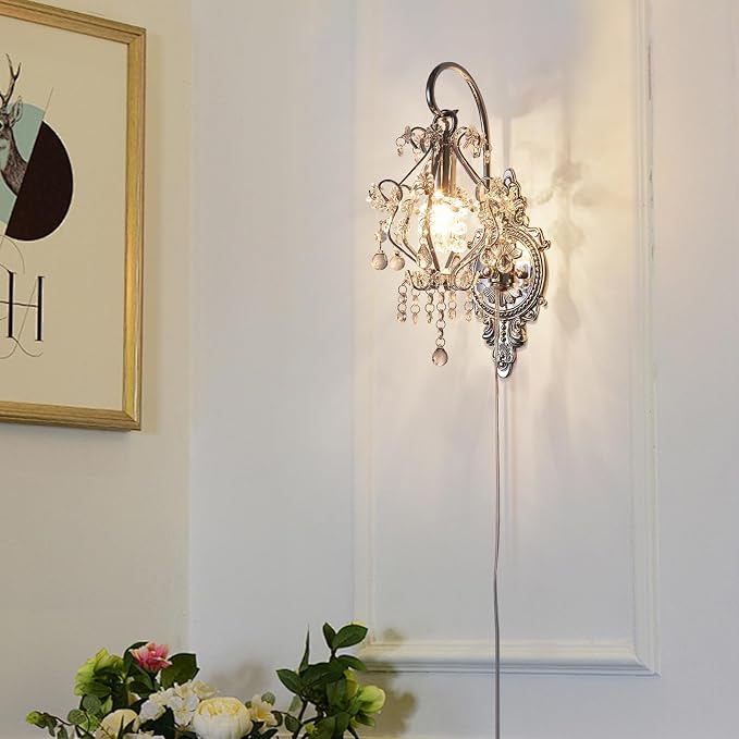 Silver Crystal Vintage Indoor Plug in Cord Wall Sconces Light Set of 2 | Modern Wall Mounted Lamp Light Fixture for Bedroom Living Room Bathroom Vanity Light Hallway Light Fixture Decor LED E12