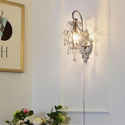 Silver Crystal Vintage Indoor Plug in Cord Wall Sconces Light Set of 2 | Modern Wall Mounted Lamp Light Fixture for Bedroom Living Room Bathroom Vanity Light Hallway Light Fixture Decor LED E12