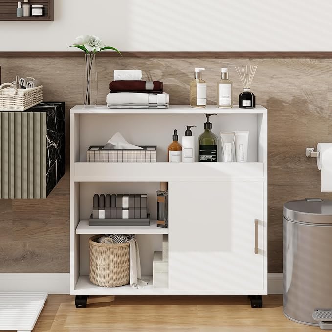 Slim Bathroom Storage Cabinet, Narrow Bathroom Storage Cabinet, Bathroom Floor Cabinet with Sliding Door and Adjustable Shelf for Small Spaces, Living Room, Kitchen, White