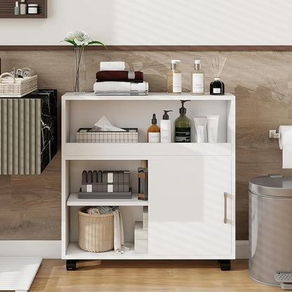 Slim Bathroom Storage Cabinet, Narrow Bathroom Storage Cabinet, Bathroom Floor Cabinet with Sliding Door and Adjustable Shelf for Small Spaces, Living Room, Kitchen, White