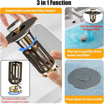 Anlige 3 in 1 Pop Up Bathroom Sink Stopper, Bathroom Sink Drain Strainer, with Removable Basket Hair Catcher, Universal Sink Plug Cover for 1.06 in to 1.6 in Drain, Oil Rubbed Bronze