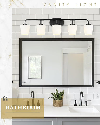 Bathroom Light Fixtures Over Mirror, 5-Light Matte Black Vanity Lighting Fixtures with Milk White Glass, 38inch Farmhouse Wall Sconces Lighting, AD-22004-5W-BK