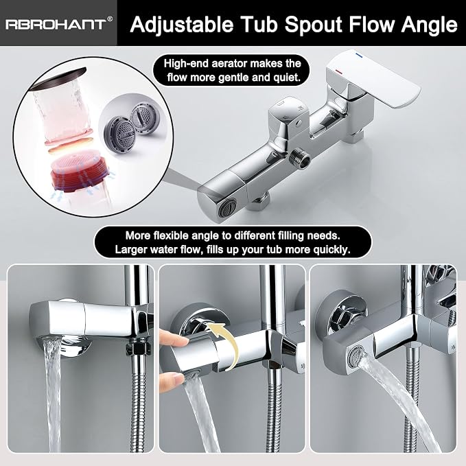 RBROHANT Exposed Shower System with Tub Spout, Polished Chrome Exposed Pipe Shower Faucet with 3 Functions Brass Shower Valve, Shower Height Adjustable, Wall Mounted