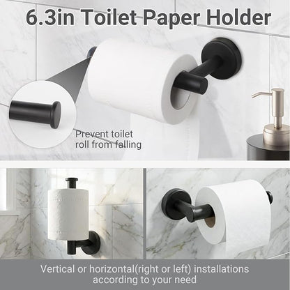5-Piece Matte Black Bathroom Hardware Set, SUS304 Stainless Steel Wall Mounted Bathroom Accessories, 24 Inch Towel Bar, Towel Ring, Toilet Paper Holder, 2 Hooks, Rustproof Modern Bathroom Fixtures