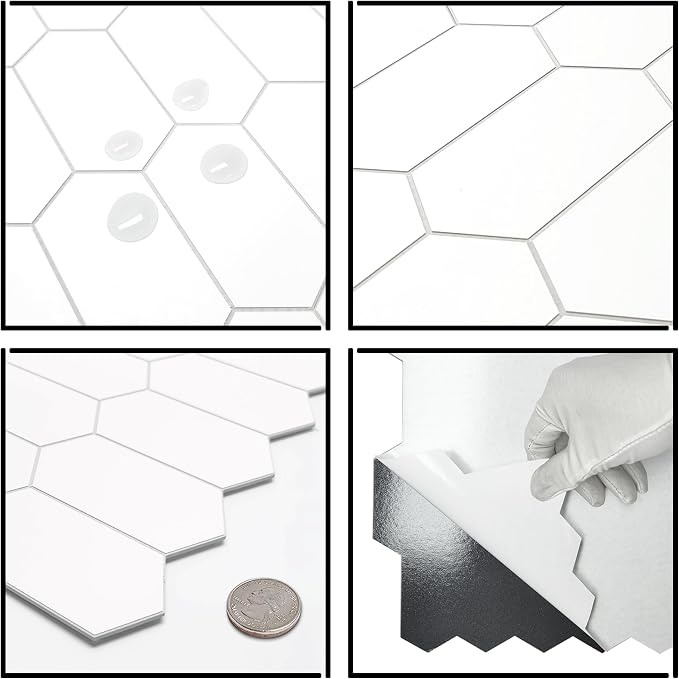 The Tiles Plaza 10-Sheet Peel and Stick Backsplash, 12" x 11.5" White Long Hexagon Self-Adhesive Wall Tile, Stone Composite Stick On Decorative Mosaic Tile for Kitchen Bathroom Fireplace