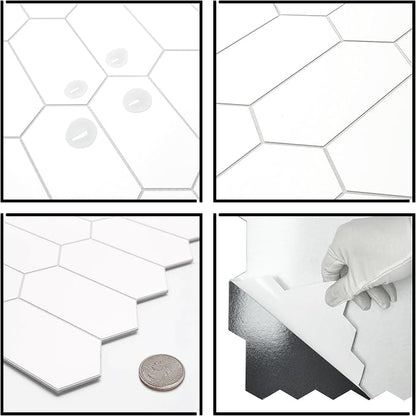 The Tiles Plaza 10-Sheet Peel and Stick Backsplash, 12" x 11.5" White Long Hexagon Self-Adhesive Wall Tile, Stone Composite Stick On Decorative Mosaic Tile for Kitchen Bathroom Fireplace