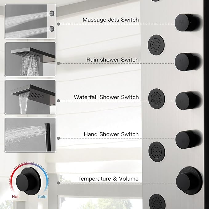Homevacious Shower Panel Tower System with Rainfall Shower Head 5 Body Jets and Handheld Shower Head Modern Massage Shower System Brushed Nickel