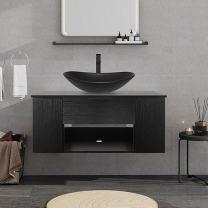 36 Inch Black Floating Bathroom Vanity with 2-Doors and 1-Drawer, Modern Wall Mounted Cabinet with Black Boat Ceramic Vessel Sink