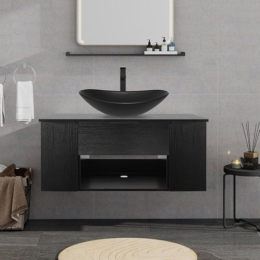 36 Inch Black Floating Bathroom Vanity with 2-Doors and 1-Drawer, Modern Wall Mounted Cabinet with Black Boat Ceramic Vessel Sink