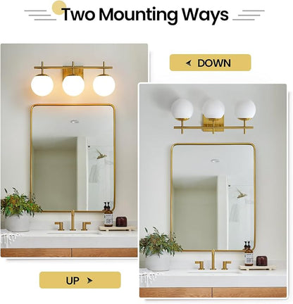 AIJIASI Gold Bathroom Light Fixtures, 3-Light Bathroom Vanity Light Over Mirror, Modern Vanity Lighting Fixtures with Milky White Globe Glass Shade, 22.4 inch Wall Sconce Light (Exclude E26 Bulb)