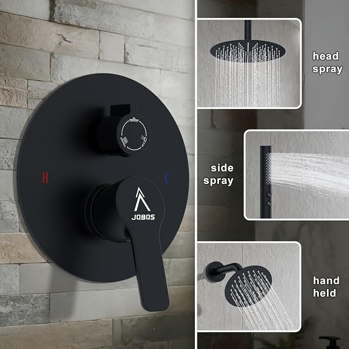 Shower System Shower Faucet Set Rainfall Shower Set with Valve 12+6" Dual Rain Shower Head with Handheld Ceiling Mount Wall Mount Shower Head Shower System, Matte Black