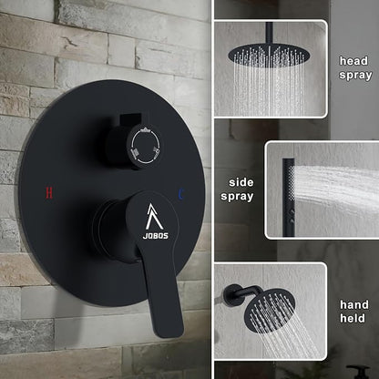 Shower System Shower Faucet Set Rainfall Shower Set with Valve 12+6" Dual Rain Shower Head with Handheld Ceiling Mount Wall Mount Shower Head Shower System, Matte Black