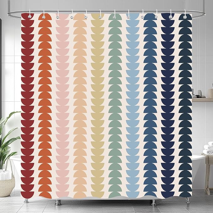 Modern Geometric Shower Curtain, Vintage Rainbow Mid-Century Abstract Art Design Bath Curtains for Bathroom, Colorful Semicircular Pattern Waterproof Polyester Fabric Bathroom Set 12 Hooks 60X72IN
