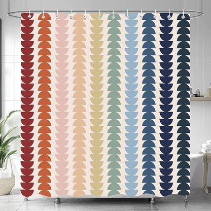 Modern Geometric Shower Curtain, Vintage Rainbow Mid-Century Abstract Art Design Bath Curtains for Bathroom, Colorful Semicircular Pattern Waterproof Polyester Fabric Bathroom Set 12 Hooks 60X72IN