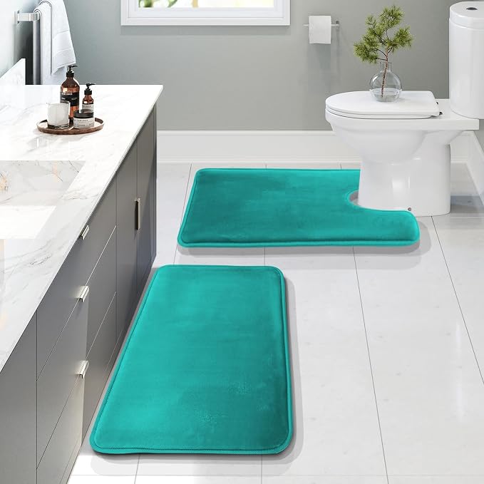 Clara Clark 2 Piece Bathroom Rugs, Velvet Memory Foam Bath Mat Set, Non-Slip Bath Rugs, Machine Wash, Dries Quickly, Ultra Soft Plush Bath Mats for Bathroom, 20 x 32 + Contour, Teal Blue