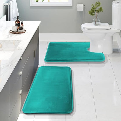 Clara Clark 2 Piece Bathroom Rugs, Velvet Memory Foam Bath Mat Set, Non-Slip Bath Rugs, Machine Wash, Dries Quickly, Ultra Soft Plush Bath Mats for Bathroom, 17 x 24 + Contour, Teal Blue