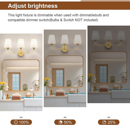 Bathroom Vanity Light, Brushed Gold Bathroom Light Fixtures, 3-Light Lighting Fixtures Over Mirror, Modern Wall Sconce with Flared White Fabric Shade, E26 Socket(ETL Listed)
