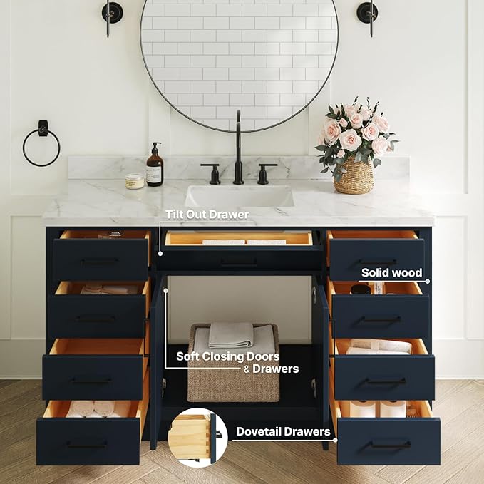 ARIEL Hepburn 60-inch Bathroom Vanity Base Cabinet,Solid Wood, 2 Soft Closing Doors, 9 Dovetail Drawers, Midnight Blue