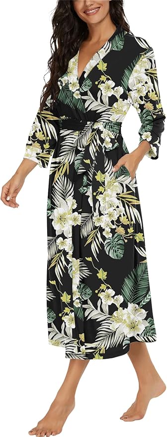 VINTATRE Women Kimono Robes Long Knit Bathrobe Lightweight Soft Knit Sleepwear V-neck Casual Ladies Loungewear