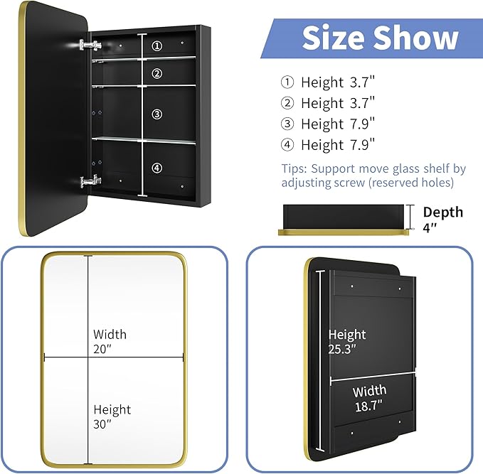 Bathroom Wood Black Cabinet with 20''x30'' Brushed Gold Metal Frame Curved Mirror, Recessed Medicine Cabinet, Bathroom Storage Cabinet