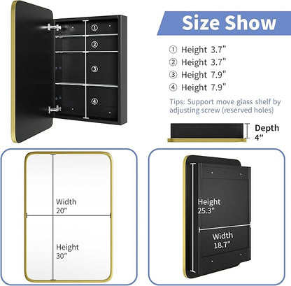 Bathroom Wood Black Cabinet with 20''x30'' Brushed Gold Metal Frame Curved Mirror, Recessed Medicine Cabinet, Bathroom Storage Cabinet