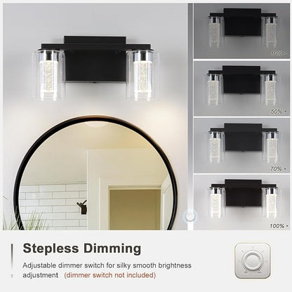 2-Light Bathroom Light Fixtures, Black Modern Vanity Lights with Clear Glass Shade, LED Bathroom Wall Lighting with Crystal Bubble for Mirror Hallway Cabinet Porch
