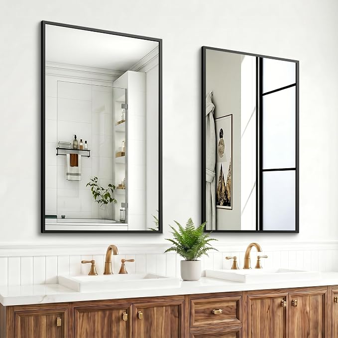 Bathroom Mirror for Wall, 2 Pack 36"x24" Black Vanity Mirror | Sturdy Rectangular Metal Frame, HD Tempered Glass, Hangs Horizontally or Vertically in Bedroom, Living Room, Entryway