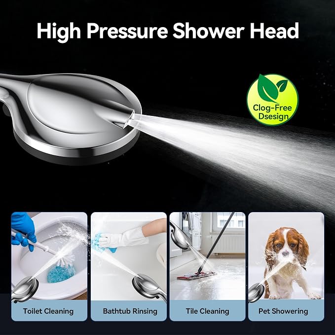 VOXON Shower Head High Pressure 10 Functions, Built-in 2 Power Wash Mode to Clean Corner, Non-Clogging Nozzles, Leakproof Stainless Steel Hose&Adjustable Bracket,for Man, Women, Pet