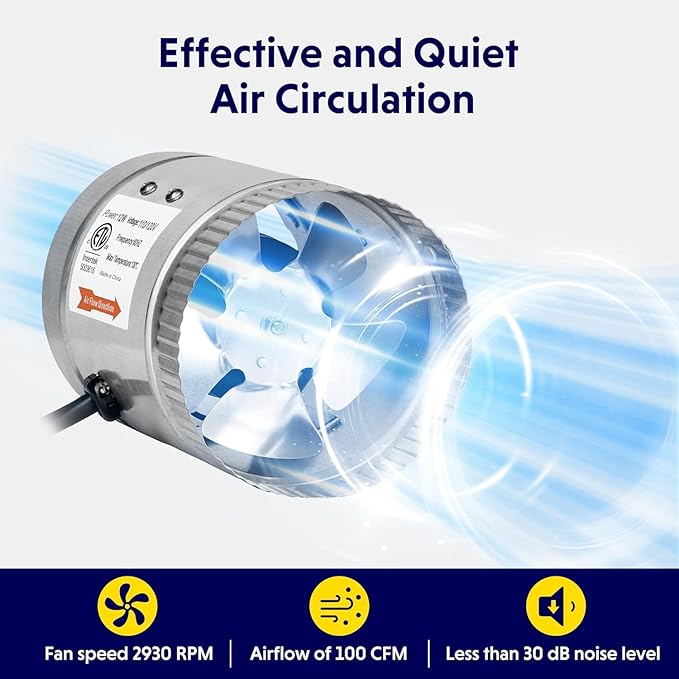 iPower 4 Inch 100 CFM Inline Duct Fan with Low Noise, Exhaust Booster for HVAC Ventilation in Grow Tent, Basements, Bathrooms and Kitchens, Grey