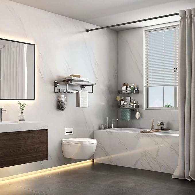 Bathroom Towel Rack with Towel Bar and Hooks 23.6 in Foldable Towel Shelf Wall Mounted Lavatory Towel Organizer Modern Gray Finish
